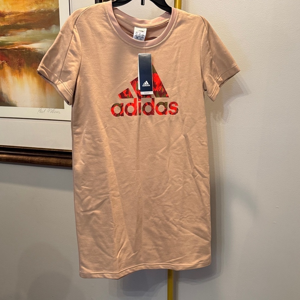 Adidas Beige T-Shirt Dress with Red and Gold Logo NEW M